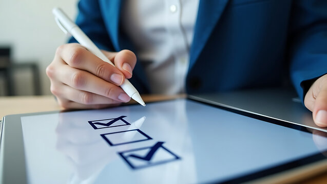 Woman Completing Checklist on Tablet with Digital Pen Close Up View