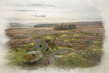 Digital watercolour illustration of the millstones at Stanage Edge in the Derbyshire Peak District during winter.