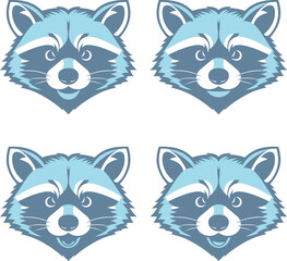 Set of four blue raccoon heads with different facial expressions. Flat vector style, ideal for branding, mascots, stickers, or children’s materials.
