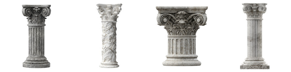 Obraz premium Ancient stone columns with intricate carvings and fluted designs, showcasing classical architectural styles in realistic 3D render
