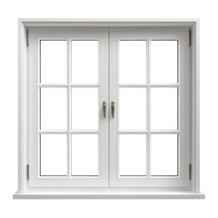 White double window frame with clear glass panes and metal handles, isolated on transparency background, modern home design element