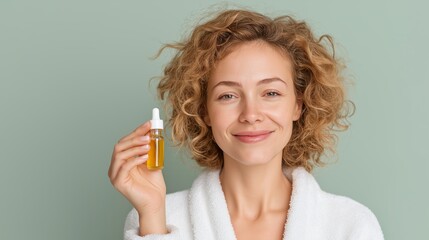 Confident smiling woman with curly hair in a white robe holding a small dropper bottle of cosmetic oil. Ideal for skincare, beauty, or wellness themes
