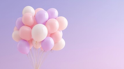 Cluster of pink and white helium balloons gently floating against a gradient lilac sky. Perfect for celebration, femininity, childhood, and soft joy themes
