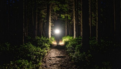 Person Hiking Forest Trail At Night With Flashlight