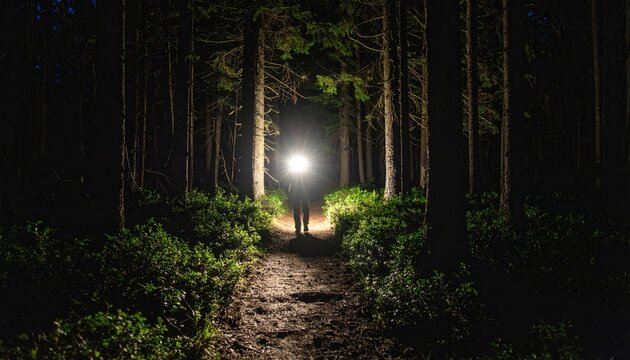Person Hiking Forest Trail At Night With Flashlight - Powered by Adobe