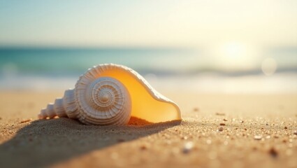Obraz premium A beautiful spiky conch shell on golden sand with a shimmering ocean horizon, capturing the essence of a serene beach getaway.