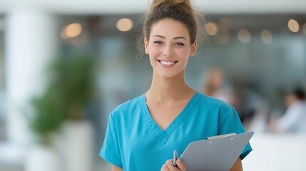 Smiling nurse in teal medical scrubs standing in a hospital corridor, representing healthcare, compassion, and confidence in a clinical, modern setting