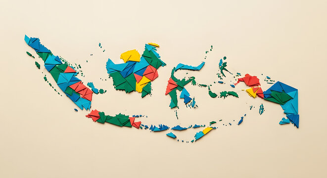 A colorful, abstract map of Indonesia constructed from geometric shapes, showing islands.