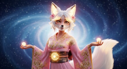 Elegant Fox Spirit in Kimono Holds Glowing Orbs Against Cosmic Galaxy Background