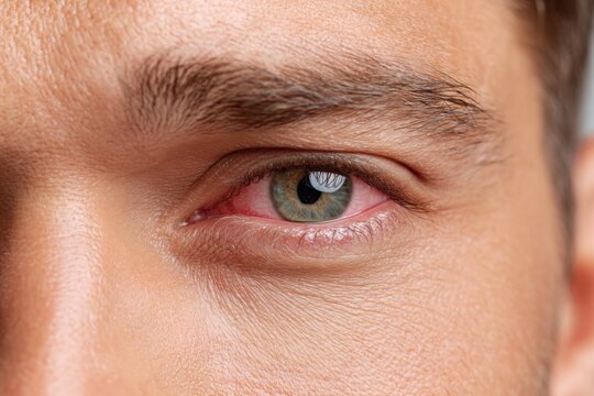 Close-up of a man's red, irritated eye, showing signs of inflammation or infection. - Powered by Adobe