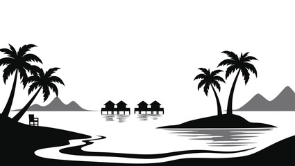 Obraz premium Tropical island paradise with palm trees and overwater bungalows beach ocean