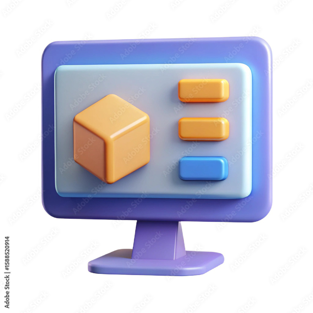 Aufkleber Stylized 3d computer monitor displaying a cube and buttons isolated on white background