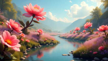 Peaceful Valley of Giant Flowers