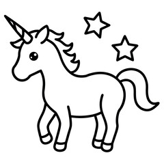 Magical baby unicorn surrounded by tiny stars Line Art Vector illustration