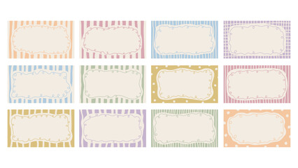 Vintage Striped Backgrounds Set. Hand drawn Pastel colored Coquette Empty Frames with copy space for text. Curly borders. Vector illustration