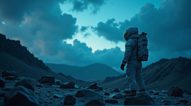 Astronaut contemplates alien terrain beneath a brooding atmospheric sky expanse