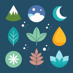 Fototapeta premium Minimal Nature Icons Set | Eco-Friendly Vector Elements | Clean Line Nature Illustrations | Zen Nature Symbols Collection