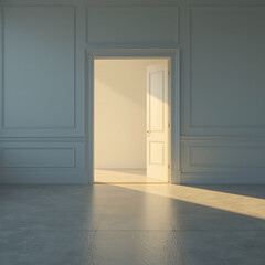 A minimalist room with an open door emitting warm sunlight into a blue space.