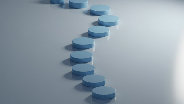 3D render of light blue circular platforms in wavy line on grey background, symbolizing progress & steps. For business presentations, websites, & broc