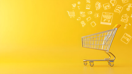 Empty shopping cart with online shopping icons on yellow background