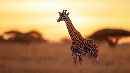 Obraz premium Giraffe standing gracefully in golden grasslands at sunset in an African savanna with acacia trees in the background