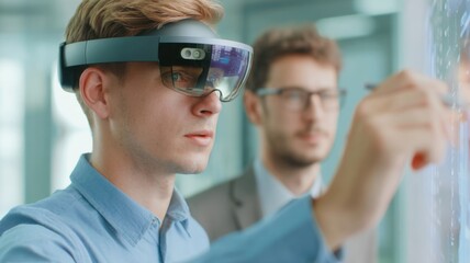 A man wearing augmented reality glasses interacts with a transparent digital interface while another man observes in a modern office setting.