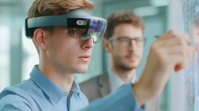 A man wearing augmented reality glasses interacts with a transparent digital interface while another man observes in a modern office setting.