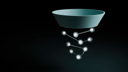 A modern, abstract digital illustration features a floating bowl connected to smaller spheres by thin rods on a dark background.