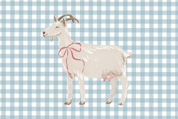 White Goat on Blue Gingham Background Cottagecore Nursery or Kids Playroom, Bedroom Wall Art Printable for Boys and Girls