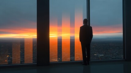 A man in a suit stands by a large window, gazing at a vibrant sunset over a sprawling cityscape.