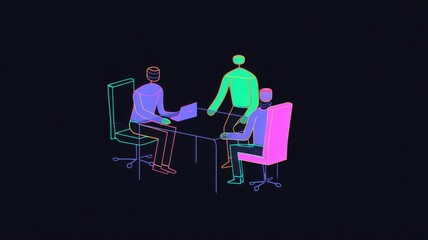 Fototapeta premium Illustration of three stylized figures sitting around a table, engaged in discussion or collaboration, with vibrant neon colors on a dark background.