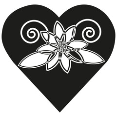 Orchid heart icon. Exotic love symbol. Black floral design. Vector illustration.