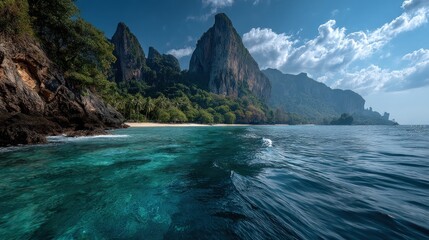 Obraz premium Turquoise Waters and Towering Cliffs: A Tropical Paradise Landscape