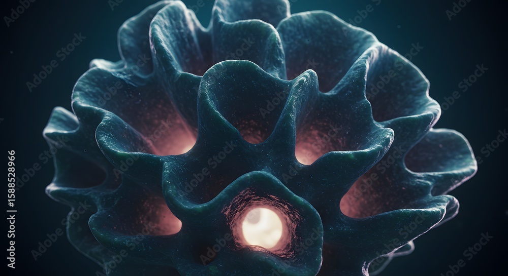 Fototapete abstract digital rendering of a complex, layered structure with blue textured surfaces and glowing o