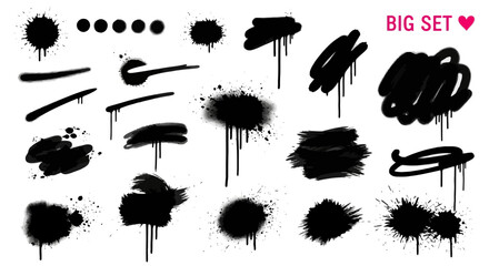 A collection of black paint splatters, drips, and brush strokes in various shapes and sizes, set against a white background.