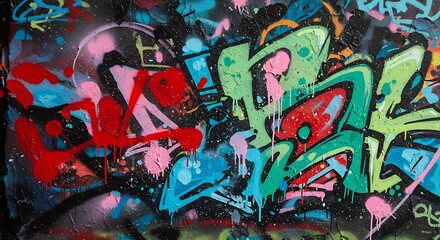 Fototapeta premium Colorful urban street art with vibrant spray paint designs on a textured concrete wall, showcasing youth culture and artistic graffiti