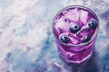 Blueberry lemonade in a crystal glass, rich violet tones swirling inside, sitting on a pale slate background 