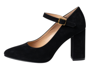 Black Suede Block Heel Shoes with Gold Buckle, Side View, isolated on a transparent background.