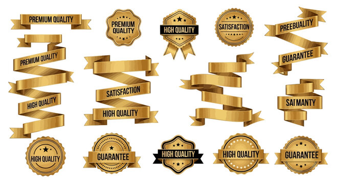 A collection of golden ribbons, badges, and seals showcasing quality and guarantee concepts.