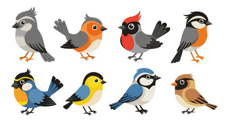 Fototapeta premium Eight cartoon birds of various species are depicted in a row, each with unique color patterns and feather arrangements.