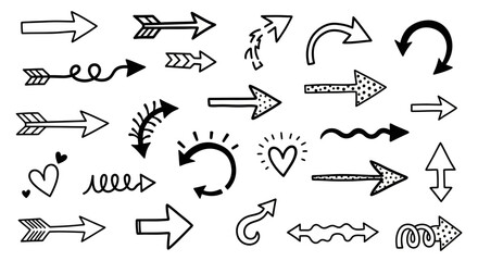 Collection of hand-drawn arrow illustrations in various styles, including curved, straight, and decorative designs with hearts and swirls, all in black and white.