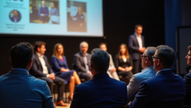 A group of professionals in formal attire are seated attentively in a conference room, facing a presentation screen