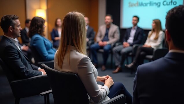 A group of professionals in formal attire are seated attentively in a conference room, facing a presentation screen