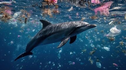 Fototapeta premium Dolphin swims in polluted ocean plastic debris marine life endangered