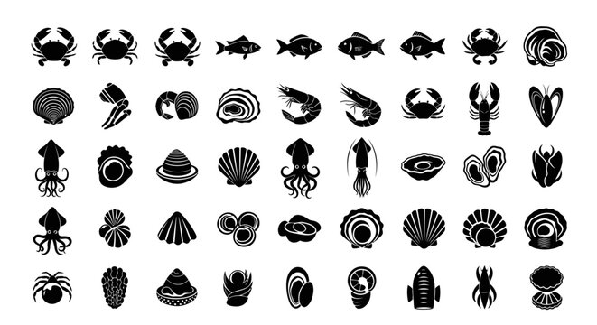 Black and white vector illustration featuring a collection of seafood icons including crabs, fish, shrimp, squid, oysters, scallops, mussels, and lobster.