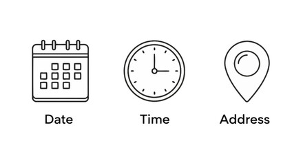 Illustration depicting a calendar, clock, and location pin, representing date, time, and address information.