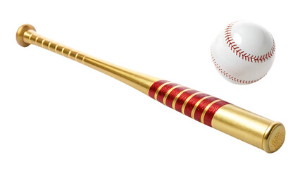 Golden baseball bat with red stripes and a white baseball