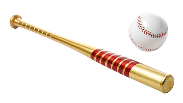 Golden baseball bat with red stripes and a white baseball