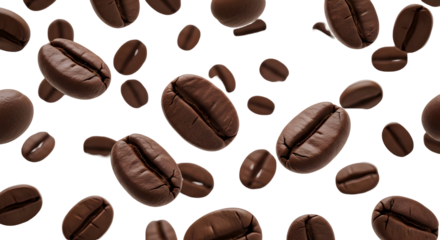 Pile of Freshly Roasted Coffee Beans Floating and Scattered on Black Background