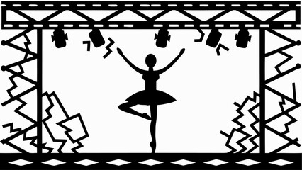 Silhouette of a ballerina performing on stage under spotlights with geometric stage decorations around her